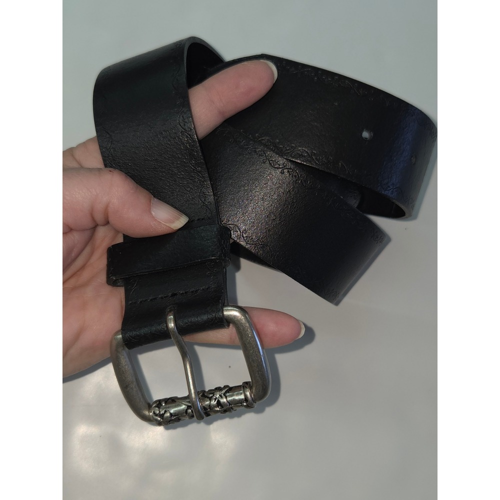 Womens Black Genuine Leather Embossed Floral Vine Belt Silver Ornate Buckle L